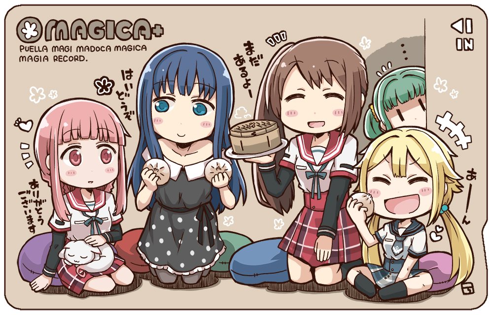 5girls :d bamboo_steamer black_dress blonde_hair blue_hair blue_necktie blue_ribbon blue_skirt blunt_bangs border brown_hair chibi chibi_only chuo_academy_school_uniform closed_eyes commentary_request dress es_(eisis) food full_body futaba_sana green_hair heart holding holding_food kamihama_university_affiliated_school_uniform kneeling layered_sleeves long_hair long_sleeves looking_at_another magia_record:_mahou_shoujo_madoka_magica_gaiden mahou_shoujo_madoka_magica miniskirt mitsuki_felicia multiple_girls nanami_yachiyo neck_ribbon necktie notice_lines open_mouth peeking_out pillow pink_eyes pink_hair plaid_clothes plaid_skirt pleated_skirt red_sailor_collar red_skirt ribbon sailor_collar school_uniform serafuku shirt short_necktie short_over_long_sleeves short_sleeves sidelocks sitting skirt small_kyubey smile steamed_bun tamaki_iroha translation_request white_border white_shirt yui_tsuruno