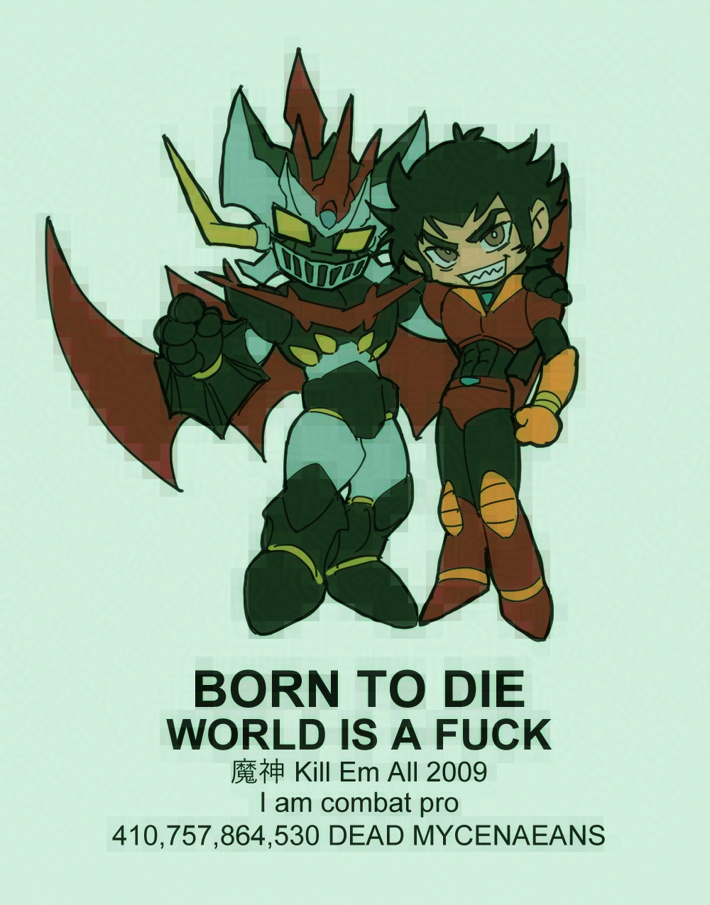 (robot) 1boy black_hair born_to_die_world_is_a_fuck_(meme) brown_eyes clenched_hand gloves highres kabuto_kouji korean_commentary looking_at_viewer male_focus mazinger_(series) mazinkaiser_(robot) mecha mecha_pilot_suit meme orange_eyes orange_gloves profanity robot rvngofmackerel sharp_teeth shin_mazinger_shougeki!_z-hen smile super_robot teeth v-shaped_eyebrows