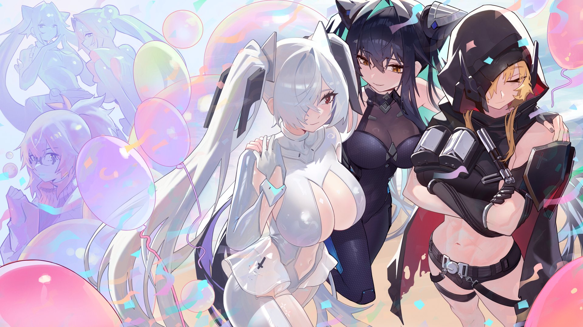 3girls abe_(nikke) balloon black_bodysuit black_cape black_gloves black_hair black_shorts blonde_hair bodysuit breasts bubble cape cinderella_(nikke) cleavage crossed_arms distr gloves goddess_of_victory:_nikke grave_(nikke) green_hair gretel_(nikke) hair_intakes hand_on_another's_shoulder hansel_(nikke) highres hood hooded_cape little_mermaid_(nikke) long_hair monster_girl multicolored_hair multiple_girls navel red_eyes see-through_clothes see-through_sleeves short_shorts shorts stomach twintails two-tone_hair very_long_hair white_bodysuit white_gloves white_hair yellow_eyes