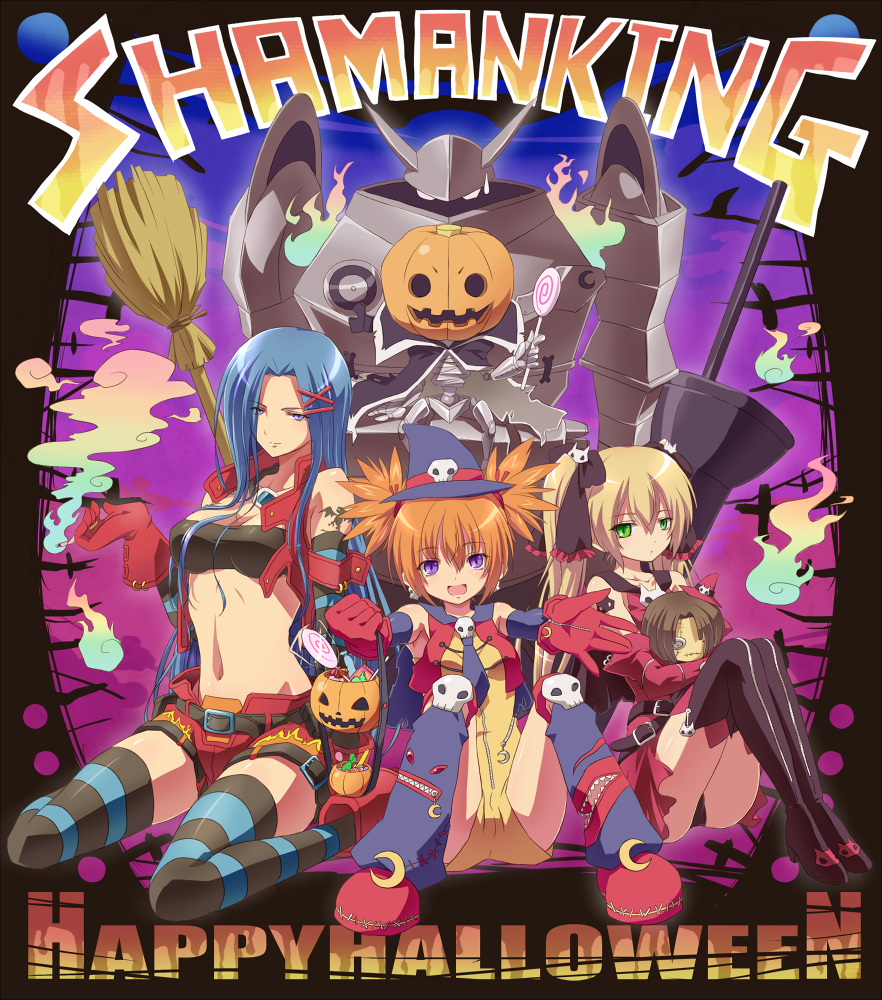 3boys 3girls ashcroft_(shaman_king) bad_id bad_pixiv_id blonde_hair blue_hair chuck_(shaman_king) copyright_name halloween happy_halloween jack_the_ripper_(shaman_king) kanna_bismarch marion_phauna matilda_matisse mochimako_(mushikera_hoi2) multiple_boys multiple_girls orange_hair shaman_king short_twintails thighhighs twintails