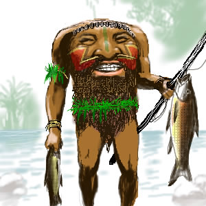 1boy blemmyes commentary dark_skin dark-skinned_male closed_eyes fish fishing_rod grin headless hyaku_todoroki loincloth lowres misogram monster smile tattoo teeth the_travels_of_sir_john_mandeville tree tribal water what