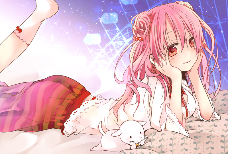 1girl aged_up alternate_costume alternate_hair_length alternate_hairstyle animal ass beads bed_sheet dog double_bun donut_hair_bun ever_17 ferris_wheel hair_beads hair_bun hair_ornament hands_on_own_cheeks hands_on_own_face hat hibiki_mio lace lace_trim long_hair looking_at_viewer lying mob_cap on_stomach pillow pink_hair red_eyes skirt smile socks star_(sky) striped_clothes striped_skirt the_pose yagami_coco