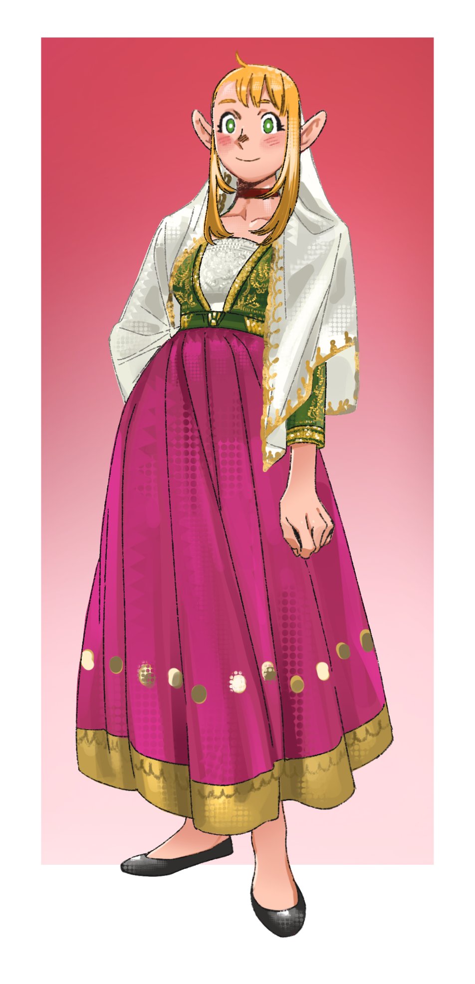 1girl aatom87 black_shoes blonde_hair breasts choker collarbone commentary dress dungeon_meshi flats full_body gradient_background green_eyes highres long_dress marcille_donato medium_breasts pointy_ears purple_dress red_background red_choker shoes smile solo