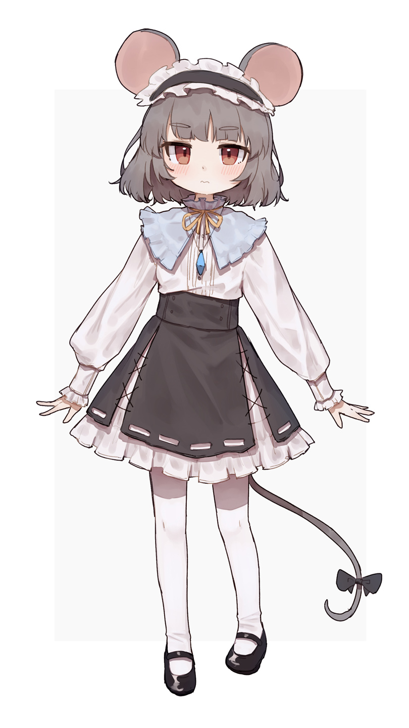 1girl animal_ears black_bow black_hairband black_pantyhose black_shoes black_skirt blue_capelet blush border bow capelet closed_mouth commentary_request frilled_hairband frilled_skirt frills full_body grey_background grey_hair hairband high-waist_skirt highres jewelry long_sleeves looking_at_viewer mary_janes mouse_ears mouse_girl mouse_tail nazrin neck_ribbon necklace outside_border pantyhose red_eyes ribbon shirt shoes shone short_hair simple_background skirt solo standing tail tail_bow tail_ornament thick_eyebrows touhou white_border white_shirt yellow_ribbon
