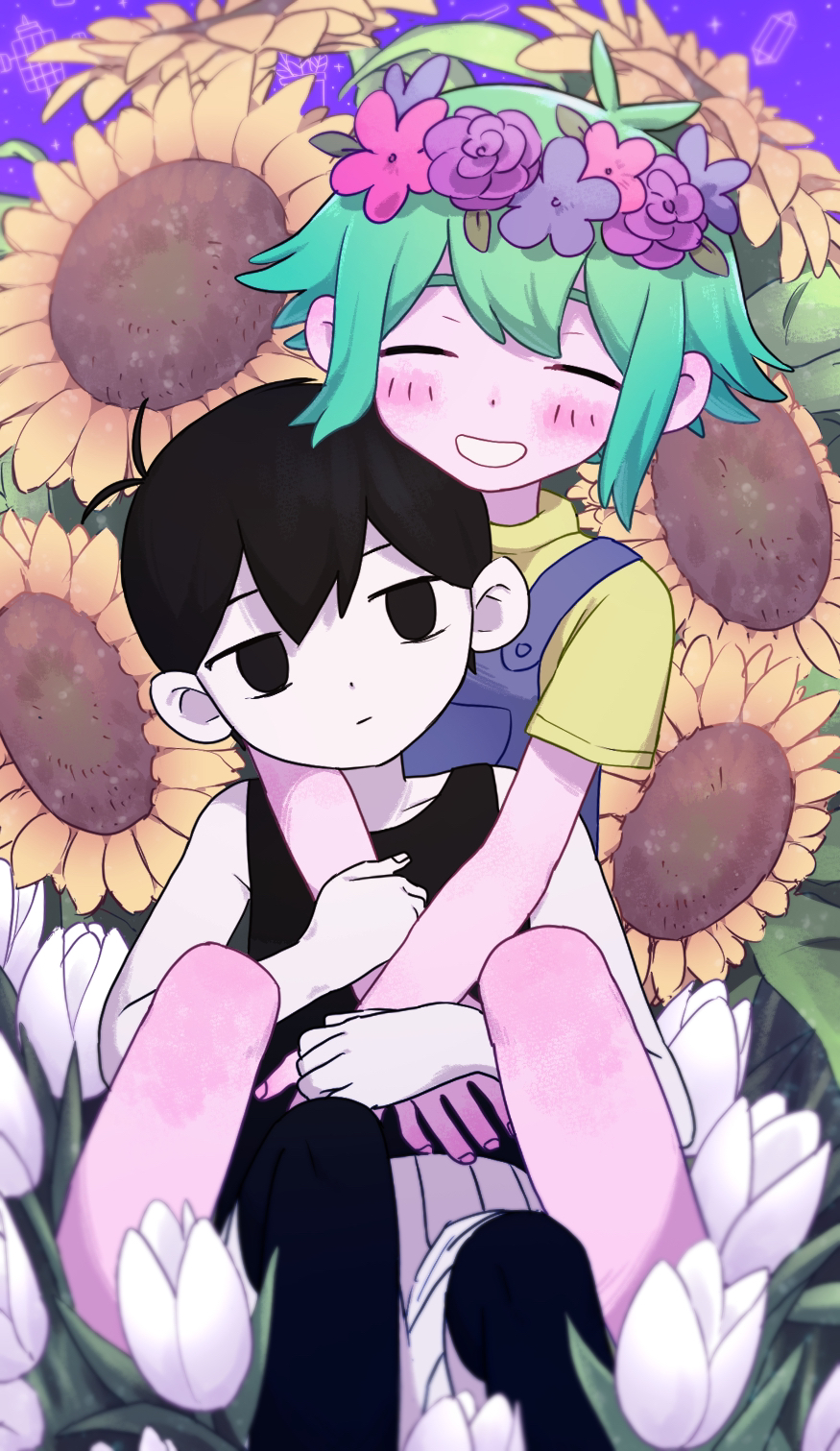 2boys basil_(headspace)_(omori) basil_(omori) black_tank_top black_thighhighs blush closed_mouth colored_skin expressionless flower green_hair head_wreath highres hug hug_from_behind looking_at_another male_focus miranosub multiple_boys omori omori_(omori) open_mouth shirt short_hair short_sleeves shorts sitting smile sunflower t-shirt tank_top thighhighs white_shorts white_skin yellow_shirt