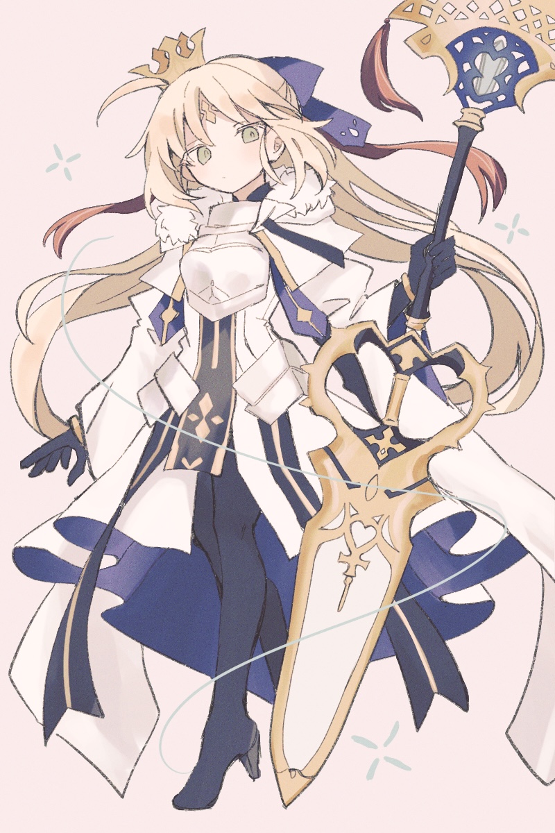 1girl armor armored_dress artoria_caster_(fate) artoria_caster_(third_ascension)_(fate) artoria_pendragon_(fate) black_gloves black_pantyhose blonde_hair blue_bow blush bow crown dress expressionless facial_mark fate/grand_order fate_(series) forehead_mark full_body gloves green_eyes high_heels highres holding holding_sword holding_weapon kometsubu_(nanashi40_1) long_hair looking_at_viewer marmyadose_(fate) pantyhose simple_background solo sword weapon