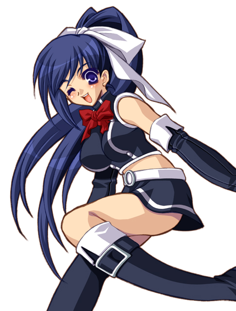 1girl ;d belt black_shirt black_skirt blue_eyes blue_hair bow bowtie breasts crop_top cropped_shirt hair_bow hakoiri_nyanko large_breasts long_hair miniskirt one_eye_closed open_mouth ponytail quiz_magic_academy red_bow red_bowtie shirt simple_background skirt sleeveless sleeveless_shirt smile solo teeth upper_teeth_only very_long_hair white_background white_belt white_bow yuri_(quiz_magic_academy)