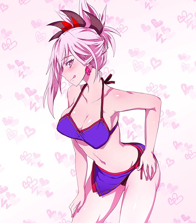 1girl asymmetrical_hair bare_shoulders bikini blue_eyes blush breasts cleavage collarbone commentary_request cowboy_shot earrings eyelashes fate/grand_order fate_(series) female_focus hair_ornament hand_on_own_ass hand_on_own_thigh heart heart_background heart_pattern heart_print higata_akatsuki jewelry large_breasts long_hair looking_at_viewer miyamoto_musashi_(fate) navel pink_hair ponytail smile solo swimsuit thighs tongue tongue_out
