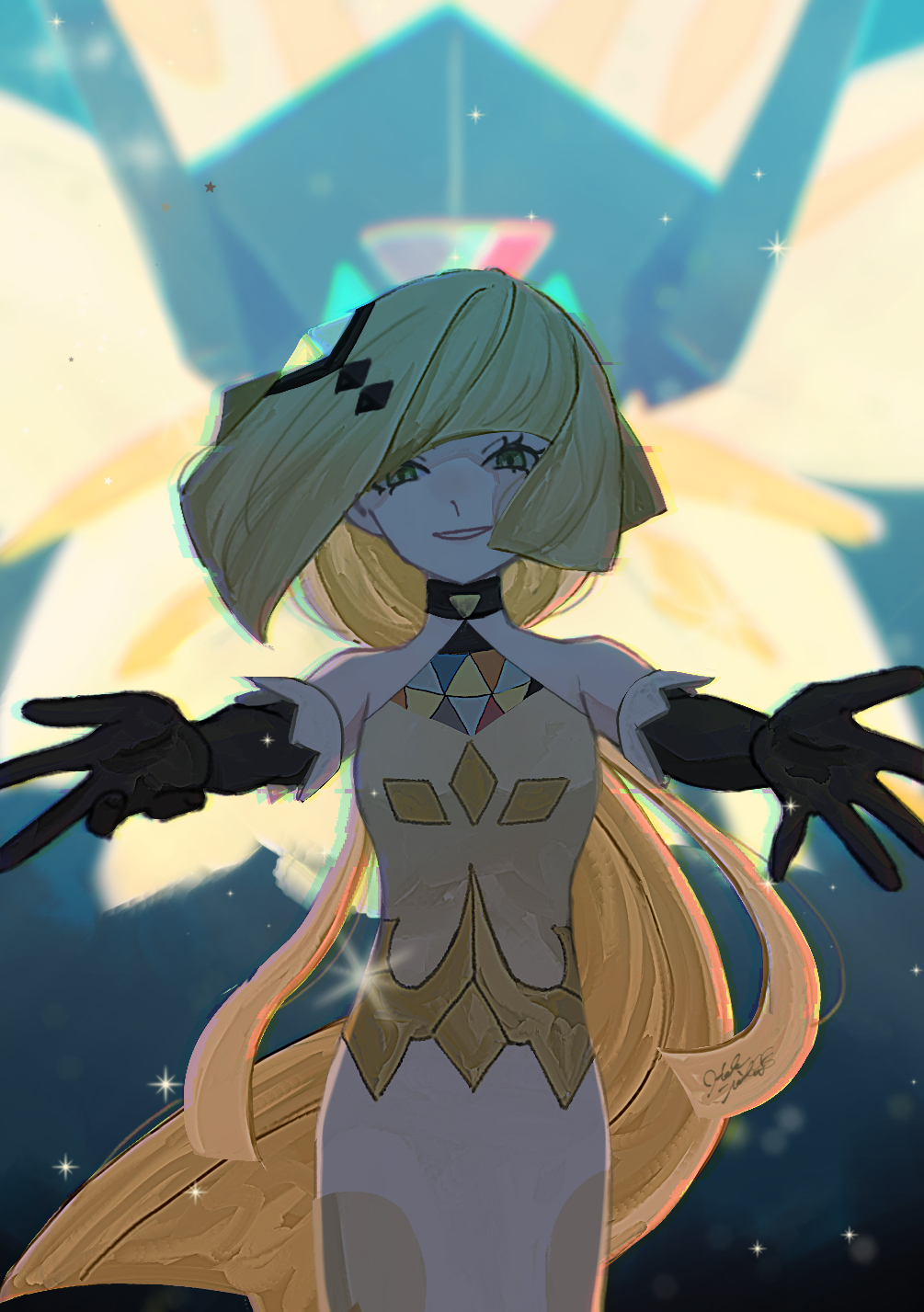 1girl bare_shoulders black_choker black_gloves blonde_hair choker commentary_request dress elbow_gloves eyelashes gen_7_pokemon gloves hair_ornament highres ivelovedsekaowa legendary_pokemon long_hair looking_at_viewer lusamine_(pokemon) lusamine_(sygna_suit)_(pokemon) necrozma necrozma_(dusk_mane) nintendo official_alternate_costume outstretched_arms parted_lips pokemon pokemon_(creature) pokemon_masters_ex signature smile sparkle very_long_hair
