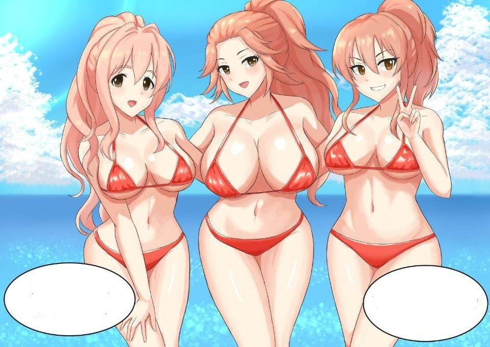 3girls beach bikini breasts cleavage cloud eyebrows eyebrows_hidden_by_hair forehead gesture hamakawa_ayuna hands_on_own_knees height_difference highleg highleg_bikini hug hug_from_behind huge_breasts idolmaster idolmaster_cinderella_girls jougasaki_mika large_breasts leaning_forward medium_breasts multiple_girls navel ocean open_mouth parted_bangs peace_symbol pink_hair ponytail red_bikini saionji_kotoka size_difference sky smile speech_bubble swimsuit water yellow_eyes