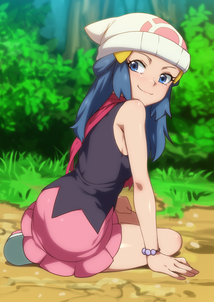 1girl arm_support ass bare_legs bare_shoulders bead_bracelet beads beanie black_shirt blue_eyes blue_hair blush boots bracelet bush commentary curvy dawn_(pokemon) english_commentary forest from_side game_freak grass hair_ornament hairclip hand_on_own_thigh hat headwear_request jcm2 jewelry long_hair looking_at_viewer looking_back nature naughty_face nintendo outdoors pink_skirt pokemon pokemon_dppt red_neckwear scarf shiny_clothes shiny_skin shirt sidelocks sitting skirt sleeveless sleeveless_shirt smile solo tree white_hat yokozuwari
