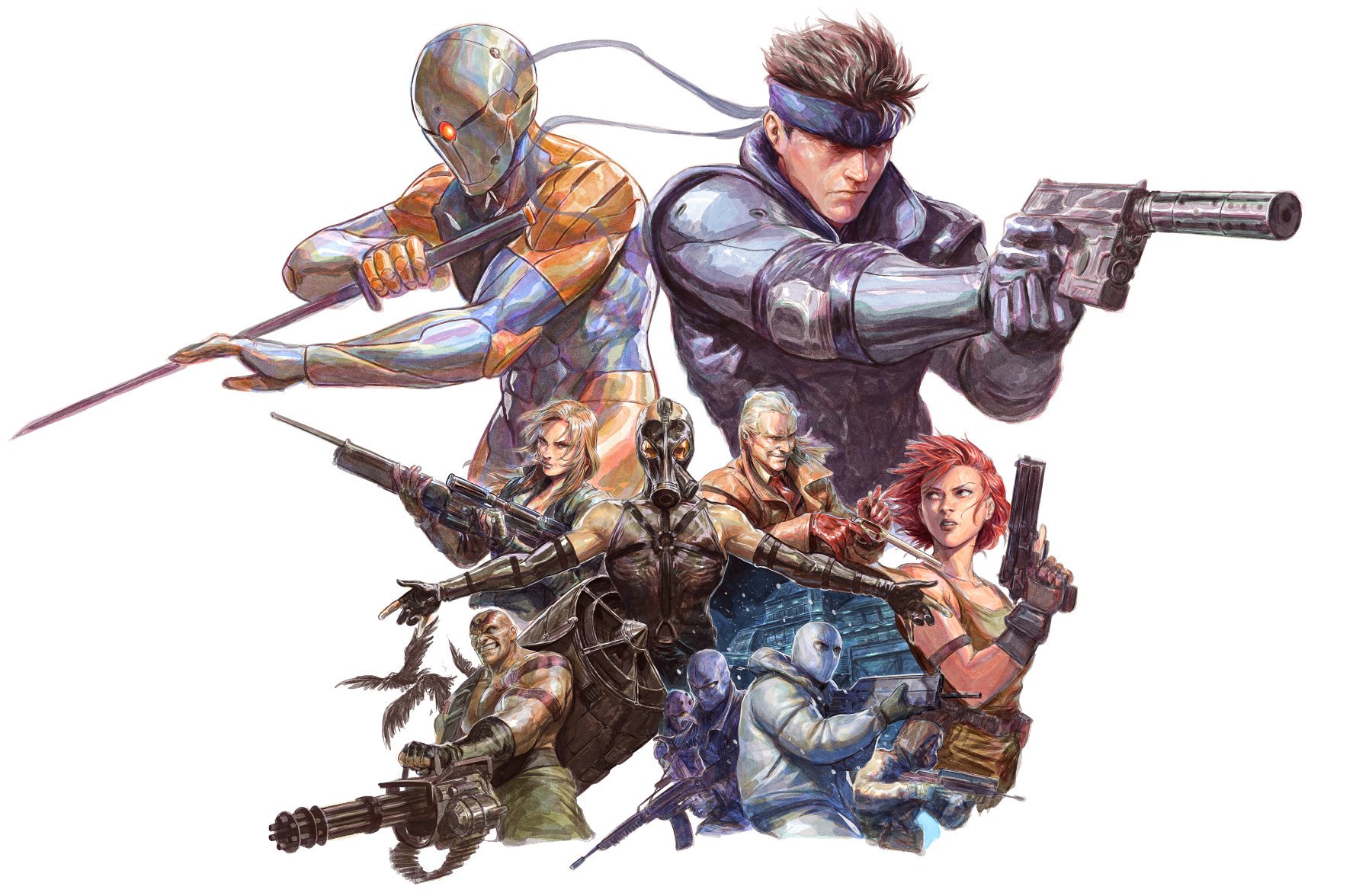 2girls 6+boys an/peq-6 assault_rifle autocannon balaclava bald bird blonde_hair brown_hair bullpup cannon crow dave_rapoza desert_eagle elbow_pads electronic_firearm facial_hair famas finger_on_trigger fingerless_gloves flashlight gas_mask gatling_gun gloves gray_fox gun h&k_mark_23 h&k_psg1 handgun headband heckler_&_koch helmet high-frequency_blade highres holding holding_gun holding_sword holding_weapon insight_technology kac_mk23_suppressor knight's_armament_company laser_aiming_module laser_pointer laser_sight m61_vulcan male_focus mask match_grade match_grade_firearm match_grade_pistol meryl_silverburgh metal_gear_(series) metal_gear_solid multiple-barrel_gun multiple_boys multiple_girls mustache ninjatou offensive_handgun one-eyed outstretched_arms pistol power_suit psycho_mantis red_hair reverse_grip revolver revolver_ocelot rifle rotary_cannon short_sword shoulder_pads sneaking_suit sniper_rifle sniper_wolf socom_(metal_gear) soldier solid_snake suppressor sword tactical_light tattoo trigger_discipline unfinished vulcan_raven weapon white_background