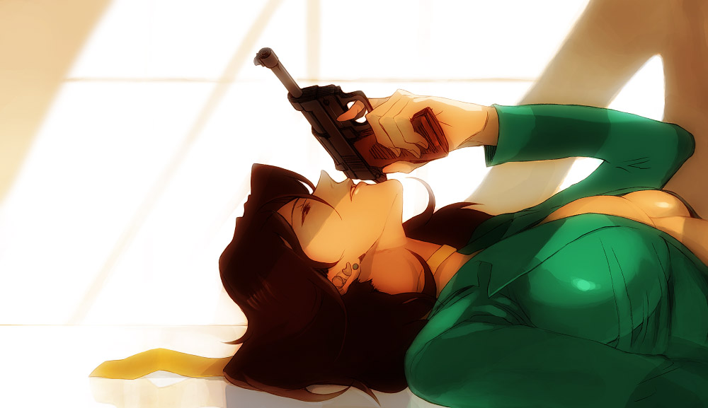 1girl bad_id bad_pixiv_id breasts choker earrings faddawdle female_focus gun handgun jewelry large_breasts lupin_iii lying mine_fujiko pistol sideboob solo tms_entertainment walther walther_p38 weapon