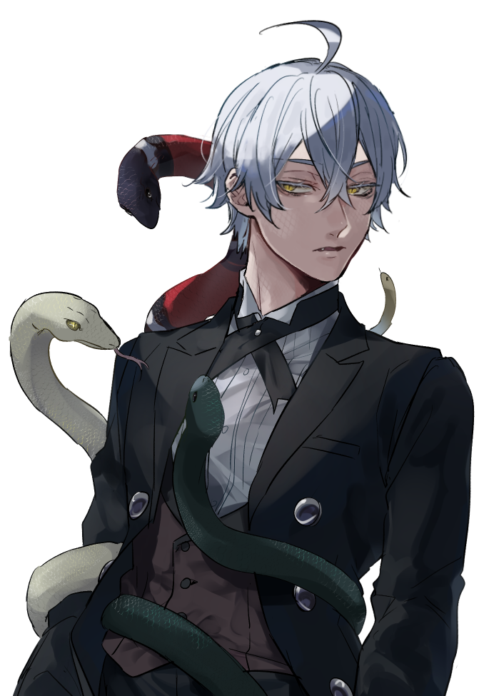1boy ahoge arms_at_sides bishounen black_jacket black_pants brown_vest buttons colored_eyelashes facing_to_the_side fang green_snake hair_between_eyes jacket kuroshitsuji lapels long_sleeves looking_at_viewer male_focus open_clothes open_jacket pants parted_lips rakka_1 red_snake shirt short_hair simple_background slit_pupils snake snake_(kuroshitsuji) snake_on_shoulder snake_wrapped_around_arm snake_wrapped_around_body solo standing straight_hair upper_body vest white_hair white_shirt yellow_eyes
