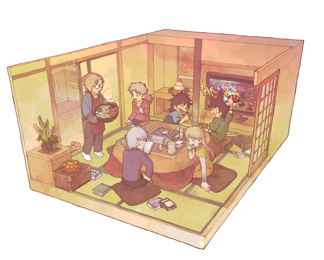 :d apron architecture black_hair book bowl brown_hair character_request closed_eyes commentary_request contemporary controller cushion dragon_quest dragon_quest_dai_no_daibouken east_asian_architecture food fruit game_console game_controller glasses holding indoors kotatsu long_hair long_sleeves looking_at_another mandarin_orange moryo multiple_boys multiple_girls nabe open_mouth pants perspective pop_(dragon_quest_dai_no_daibouken) retro_artstyle short_hair simple_background sitting slice_of_life sliding_doors slime_(dragon_quest) slippers smile socks standing steam table tatami television under_table unworn_slippers white_background zabuton