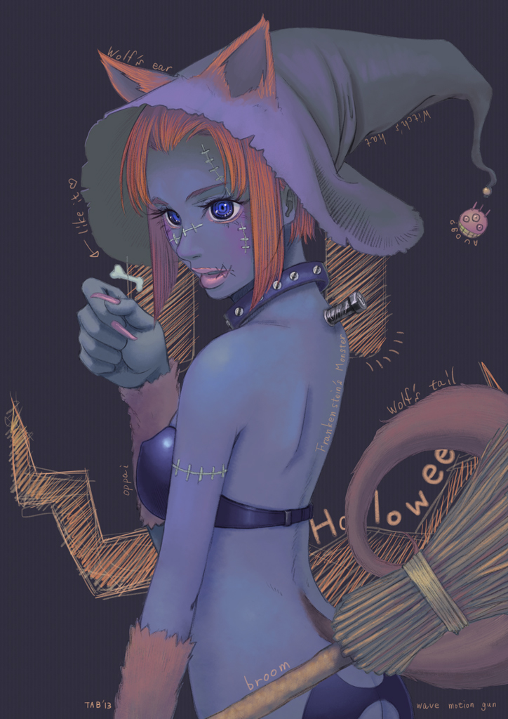 10s 1girl animal_ears ass blue_eyes blue_skin broom collar colored_skin female_focus fingernails gamilas halloween hat lips melda_deitz red_hair short_hair solo uchuu_senkan_yamato uchuu_senkan_yamato_2199 witch_hat