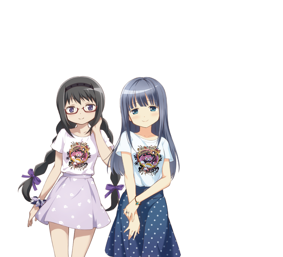 2girls akemi_homura arm_at_side black_hair black_hairband blue_eyes blue_gemstone blue_hair blush bracelet braid character_print charlotte_(madoka_magica) coco_ichibanya cowboy_shot dot_nose gem glasses hair_ribbon hairband hand_up jewelry long_hair looking_at_viewer magia_record:_mahou_shoujo_madoka_magica_gaiden mahou_shoujo_madoka_magica medium_skirt miniskirt multiple_girls nanami_yachiyo official_art polka_dot polka_dot_skirt print_shirt print_skirt purple_eyes purple_ribbon purple_scrunchie purple_skirt red-framed_eyewear ribbon ring scrunchie semi-rimless_eyewear shirt short_sleeves sidelocks simple_background skirt smile t-shirt transparent_background twin_braids twintails under-rim_eyewear very_long_hair white_shirt wrist_scrunchie