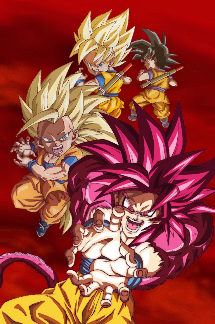4boys blonde_hair chibi commentary_request dragon_ball dragon_ball_daima dragonball_z frown furrowed_brow green_eyes kamehameha_(dragon_ball) long_hair male_focus multiple_boys multiple_persona no_eyebrows red_background red_eyes red_fur red_hair ruyi_jingu_bang serious son_goku super_saiyan super_saiyan_1 super_saiyan_2 super_saiyan_3 super_saiyan_4 taso_art_1123 v-shaped_eyebrows