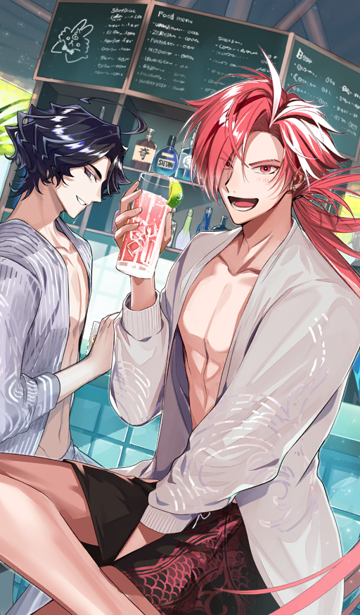 2boys :d abs ahoge bar_(place) between_legs black_hair black_male_swimwear blush collarbone commentary_request cup drink drinking_glass dutch_angle earrings fate/grand_order fate_(series) feet_out_of_frame figure_four_sitting food fou_(fate) fruit grey_jacket hair_over_one_eye hair_tie hand_between_legs highball_glass holding holding_cup ice ice_cube jacket jewelry lime_(fruit) lime_slice long_hair looking_at_viewer looking_to_the_side low_ponytail lower_teeth_only male_focus male_swimwear multiple_boys nitaka_(fujikichi) no_shirt official_art open_clothes open_jacket open_mouth outdoors ponytail purple_eyes red_eyes red_hair short_hair sitting smile swim_trunks takasugi_shinsaku_(fate) teeth third-party_source three-quarter_sleeves very_long_hair white_jacket white_male_swimwear white_streaks yoshida_shouin_(fate)