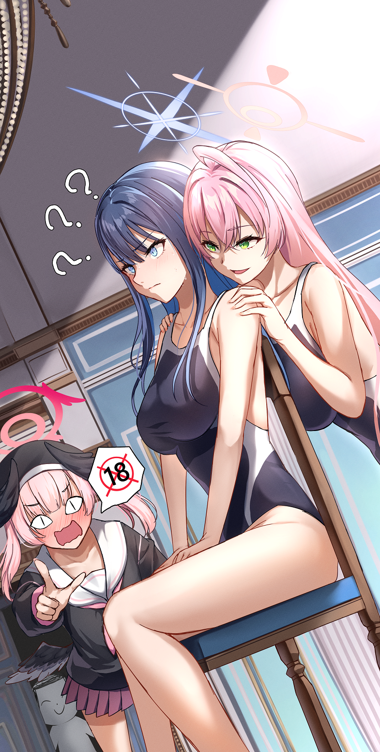 &lt;|&gt;_&lt;|&gt; 1boy 3girls ? ahoge bare_arms bare_legs bare_shoulders beret black_hair black_headwear black_one-piece_swimsuit black_shirt blue_archive blue_eyes blue_halo blush breasts chair closed_mouth doodle_sensei_(blue_archive) green_eyes halo hanako_(blue_archive) hat head_tilt highres koharu_(blue_archive) large_breasts long_hair merxkialis multiple_girls neckerchief on_chair one-piece_swimsuit open_mouth pink_hair pink_halo pink_neckerchief pleated_skirt red_halo red_skirt sailor_collar sailor_shirt saori_(blue_archive) sensei_(blue_archive) shirt sitting skirt smile swimsuit twintails white_sailor_collar