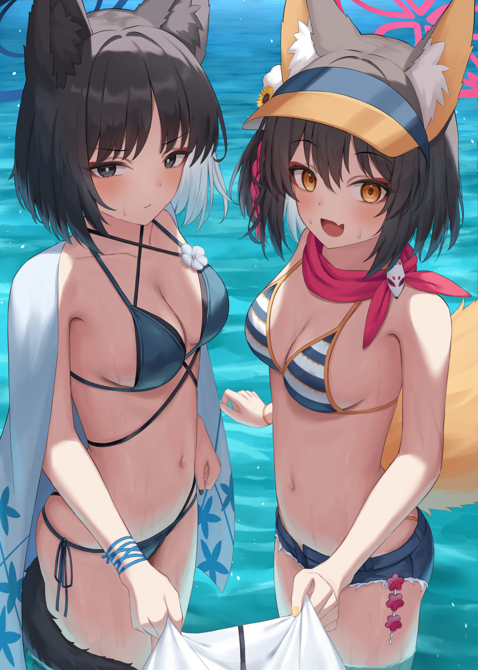 1other 2girls animal_ears bakeneko bikini black_eyes black_hair black_tail blue_archive blue_bikini blue_halo blush breasts bright_pupils brown_hair cat_ears cat_girl cat_tail cleavage closed_mouth criss-cross_straps denim denim_shorts flower fox_ears fox_girl fox_tail fuka_kurotsuji gradient_tail hair_flower hair_ornament halo haori highleg highleg_bikini highres izuna_(blue_archive) izuna_(swimsuit)_(blue_archive) japanese_clothes kikyou_(blue_archive) kikyou_(swimsuit)_(blue_archive) layered_bikini looking_at_viewer medium_breasts micro_shorts multiple_girls multiple_tails ocean official_alternate_costume open_mouth pink_halo pink_scarf pom_pom_(clothes) pom_pom_hair_ornament red_scarf scarf short_hair shorts smile striped_bikini striped_clothes sunflower sunflower_hair_ornament sweat swimsuit tail thighs two_tails visor_cap white_haori white_pupils yellow_eyes