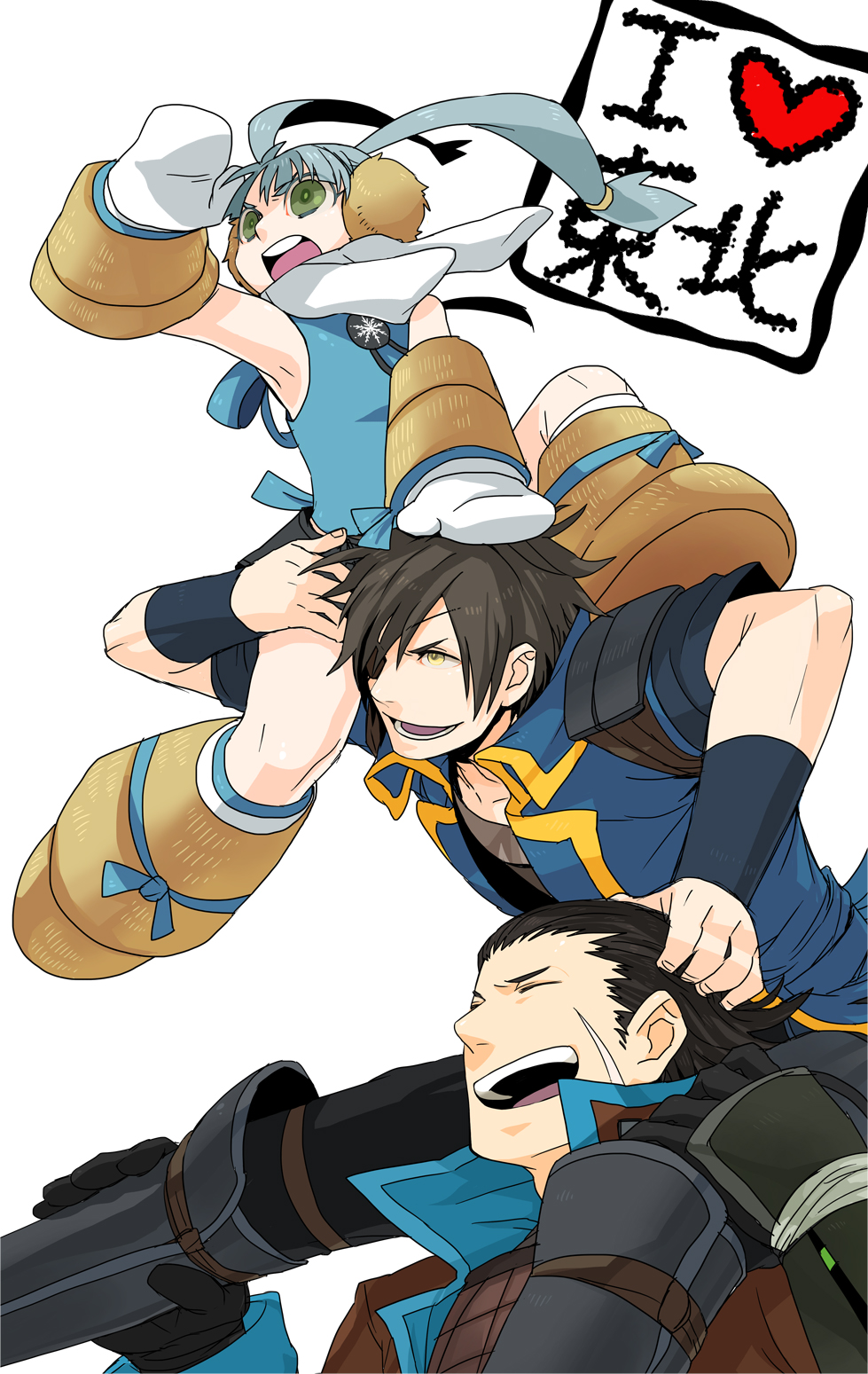 1girl 2boys :d :o ^_^ blue_hair blue_jacket blue_shirt brown_hair carrying closed_eyes date_masamune_(sengoku_basara) earmuffs eyepatch facial_scar green_eyes hair_slicked_back highres itsuki_(sengoku_basara) jacket katakura_kojuurou_(sengoku_basara) kzouzou laughing light_blue_hair long_hair multiple_boys open_mouth scar scar_on_cheek scar_on_face scarf sengoku_basara shading_eyes shirt short_hair shoulder_carry simple_background sleeveless smile twintails white_background white_scarf yellow_eyes