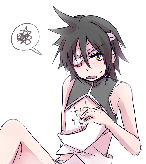 1boy black_hair blush commentary_request eyepatch feet_out_of_frame hair_between_eyes long_bangs looking_at_viewer male_focus medical_eyepatch open_mouth ragnarok_online shirt short_hair simple_background sitting sleeveless sleeveless_shirt solo spoken_squiggle squiggle suggestive_fluid warlock_(ragnarok_online) white_background white_shirt yamai._(alpinum) yellow_eyes