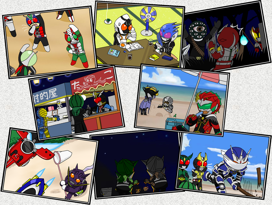 1girl 6+boys ^^^ ankh_(ooo) beach belt blindfold bucket deneb electric_fan fireworks food fruit gamel gatack_zecter gun hat kabuto_zecter kamen_rider kamen_rider_(1st_series) kamen_rider_1 kamen_rider_agito kamen_rider_agito_(series) kamen_rider_blade_(series) kamen_rider_chalice kamen_rider_double kamen_rider_eternal kamen_rider_fourze kamen_rider_fourze_(series) kamen_rider_g3 kamen_rider_garren kamen_rider_gills kamen_rider_kick_hopper kamen_rider_kiva kamen_rider_kiva_(series) kamen_rider_meteor kamen_rider_punch_hopper kamen_rider_stronger_(series) kamen_rider_v3 kamen_rider_v3_(series) kamen_rider_w kamen_rider_x kamen_rider_x_(series) lantern mezul multiple_boys octopus photo_(object) popsicle redol riderman ryutaros sand sand_castle sand_sculpture sparkler stick suikawari summer titan_(kamen_rider_stronger) umbrella watermelon weapon yawning