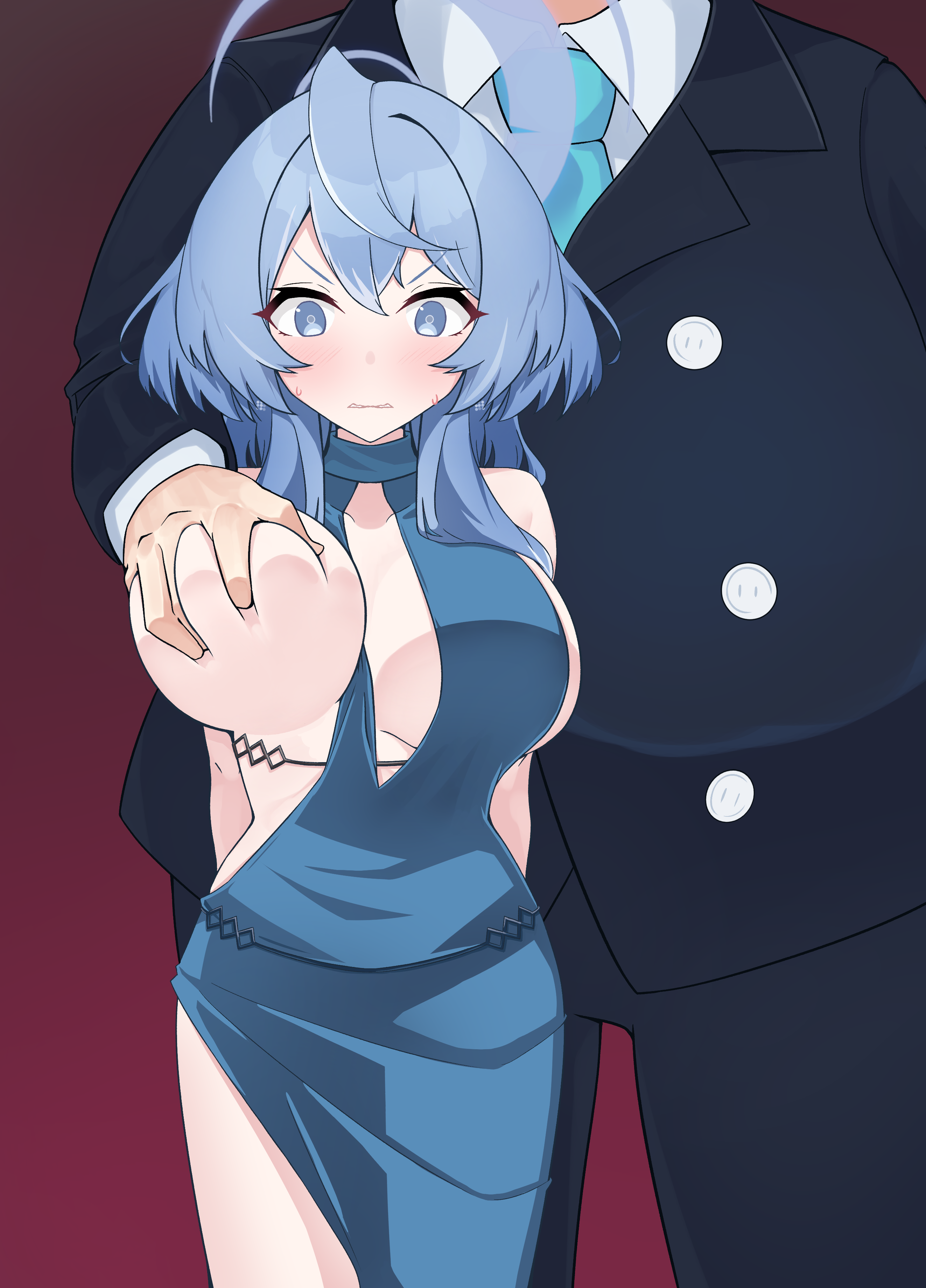 1boy 1girl absurdres ako_(blue_archive) ako_(dress)_(blue_archive) atsu_kake blue_archive blue_eyes blue_hair blush breast_lift breast_press breasts breasts_out breasts_squeezed_together clenched_teeth deep_skin dress embarrassed facing_viewer fat fat_man grabbed_breast_over_shoulder grabbing_another's_breast gradient_background groping highres huge_breasts looking_at_viewer one_breast_out revealing_clothes shy size_difference skindentation sleeveless sleeveless_dress surprised teeth wavy_mouth wide-eyed