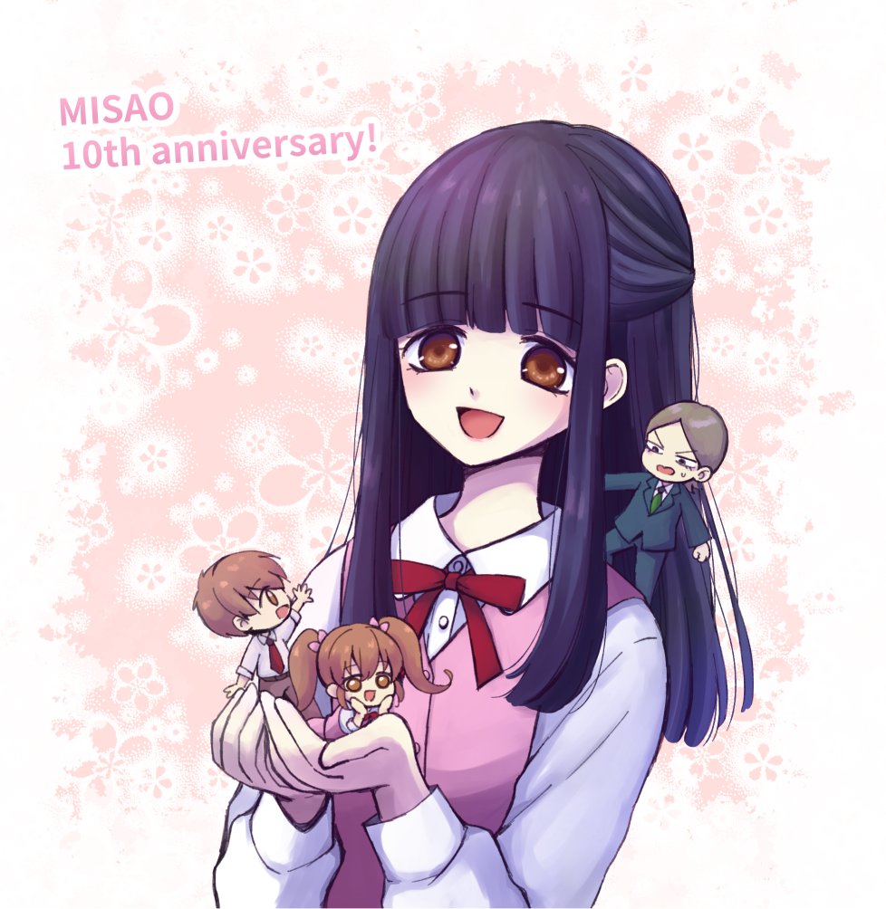 2boys 2girls black_hair blunt_bangs bow brown_hair chibi dual_persona formal_clothes furukawa_misao hair_bow kurata_hideki misao multiple_boys multiple_girls narukami_aki_(female) narukami_aki_(male) necktie official_art school_uniform seeen short_hair smile suit twintails vest