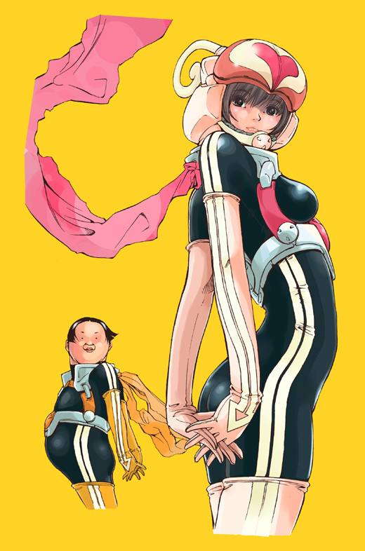 1boy 1girl aburami_minoru breasts brown_hair chou-mukiryoku_sentai_japafive cowboy_shot cropped_legs fat fat_man from_side helmet japafive japapink japayellow looking_at_viewer nangoku_tsumomo sato_masaki_(masayakofu) scarf simple_background skin_tight standing wind yellow_background