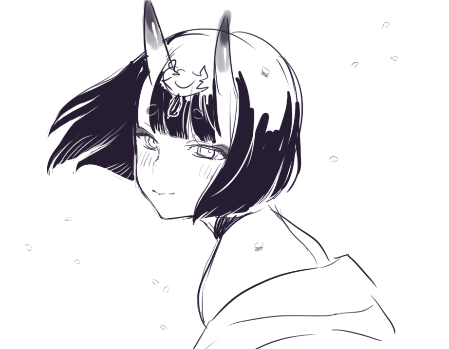 1girl bad_id bad_pixiv_id blush fate/grand_order fate_(series) horns looking_at_viewer nito_(siccarol) portrait short_hair shuten_douji_(fate) skin-covered_horns smile solo upper_body