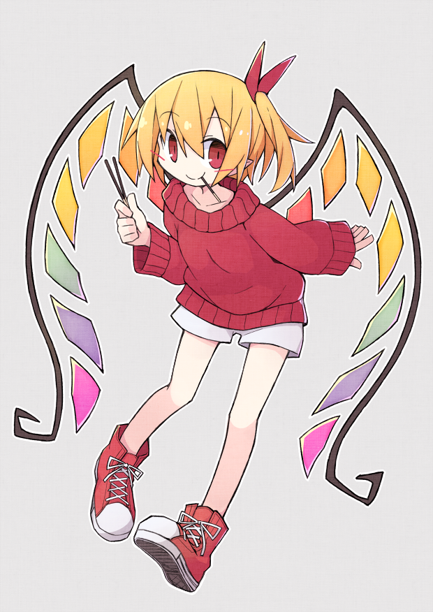 1girl alternate_costume asameshi blonde_hair blush_stickers commentary contemporary crystal female_focus flandre_scarlet food food_in_mouth full_body grey_background hair_ribbon high_tops holding holding_food leaning_forward long_sleeves pocky pocky_day pointy_ears raised_eyebrows red_eyes red_ribbon red_shoes red_sweater ribbon shoes short_hair shorts side_ponytail simple_background smile sneakers solo sweater touhou white_shorts wings