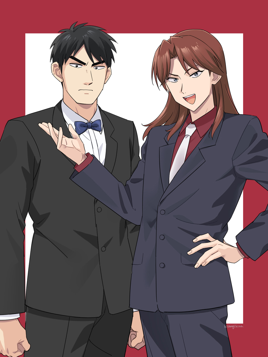 2boys black_eyes black_hair black_pants black_suit blue_necktie border brown_hair closed_mouth collared_shirt formal_clothes highres ichijou_seiya kaiji kisaragi_hina long_hair looking_at_viewer male_focus multiple_boys murakami_tamotsu necktie open_mouth outside_border pants red_border red_shirt shirt short_hair signature suit teeth upper_teeth_only very_short_hair white_background white_necktie white_shirt