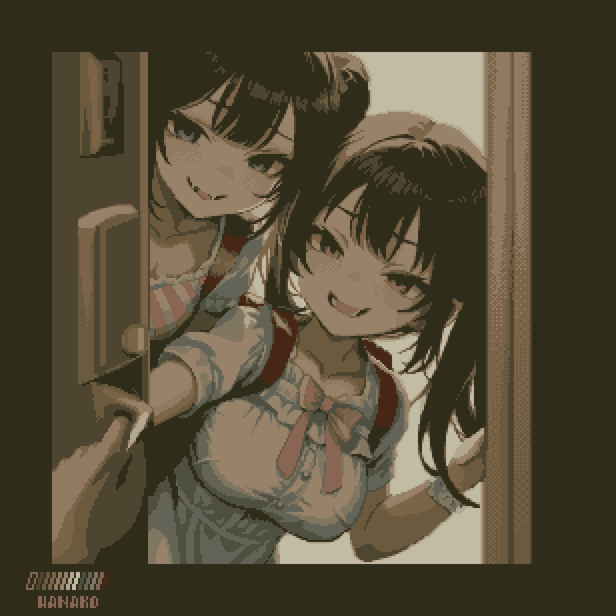 2girls arm_scrunchie artist_name bag black_hair blue_eyes blunt_bangs bow breasts collarbone doorway double-parted_bangs frilled_shirt frilled_shirt_collar frills furrowed_brow highres impossible_clothes impossible_shirt long_hair medium_breasts multiple_girls no_nose open_mouth opening_door oppai_loli original out_of_frame pink_bow pink_eyes pixel_art ponytail pov_doorway puffy_short_sleeves puffy_sleeves school_bag scrunchie shirt short_sleeves sidelocks smile specialhanako teeth white_scrunchie white_shirt