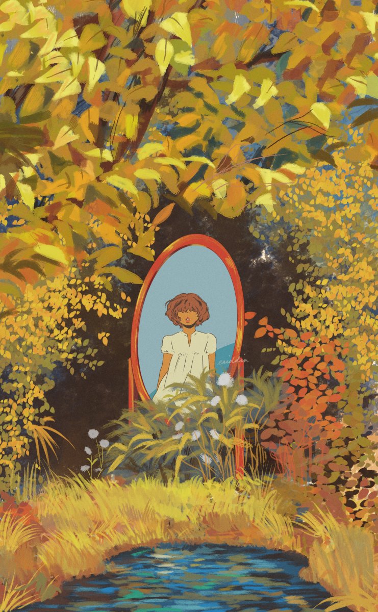 1girl brown_hair bush day dress eniddin flower foliage forest grass hair_over_eyes highres leaf medium_hair mirror nature original outdoors plant reflection scenery solo standing tree water white_dress wide_shot