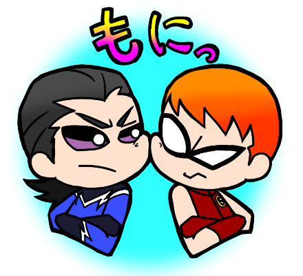 2boys aqua_lad black_hair bodysuit cartoon_network chibi crossed_arms dc_comics garth lowres male_focus mask multiple_boys orange_hair pixiv_sample roy_harper speedy teen_titans
