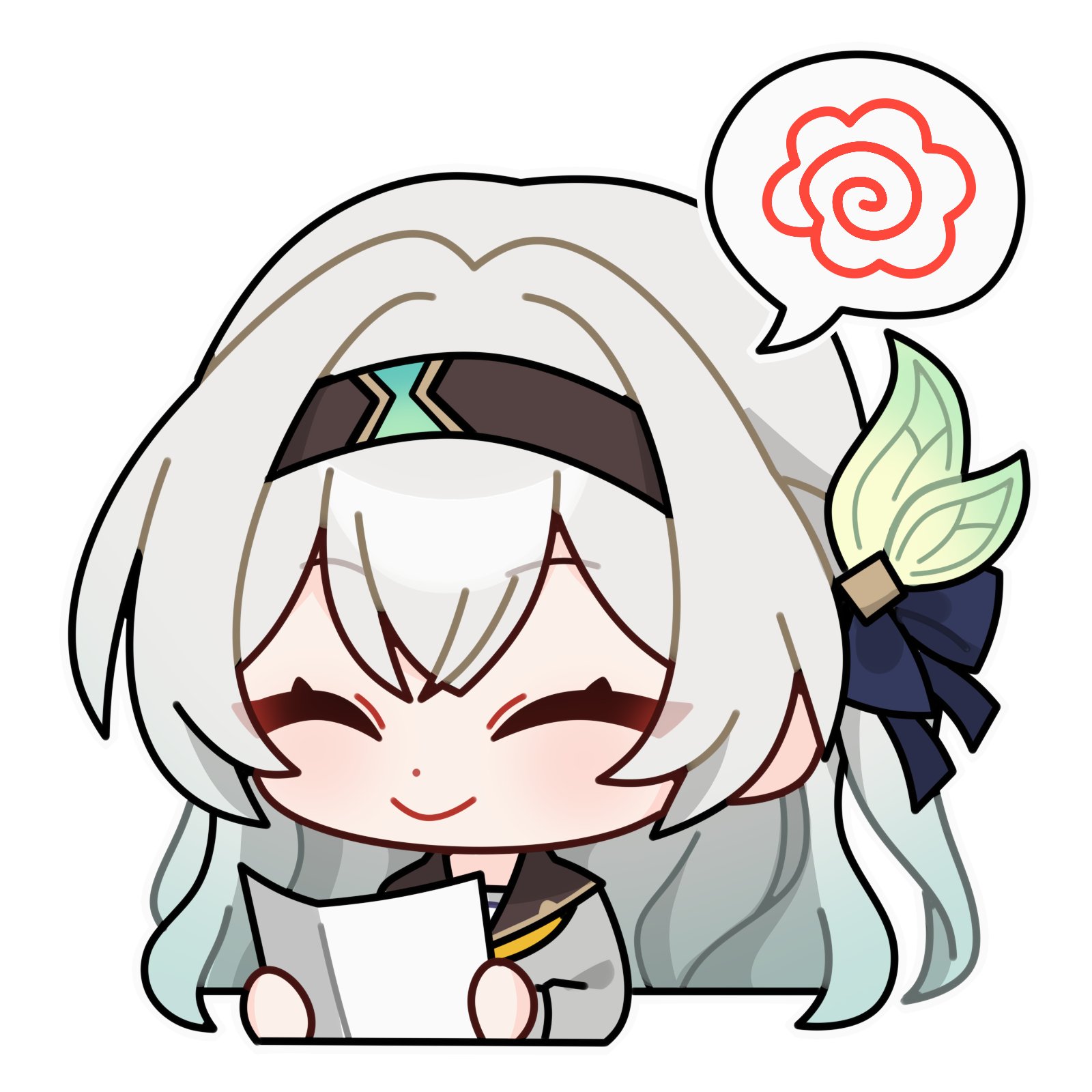 circle_hands firefly_(honkai:_star_rail) flower hair_between_eyes hair_ornament hair_ribbon hairband highres holding holding_paper honkai:_star_rail honkai_(series) image_in_speech_bubble long_sleeves makinomaki108 paper ribbon sailor_collar simple_background speech_bubble white_background