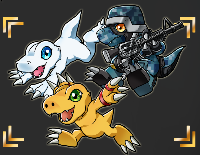 agumon_(digimon_savers) blue_eyes blue_skin brown_eyes colored_skin commandramon digimon digimon_(creature) fewer_digits green_eyes grey_background gun helmet holding holding_gun holding_weapon machine_gun orange_skin outstretched_arms sharp_teeth shiki_digi spread_arms teeth trait_connection weapon white_skin yukiagumon