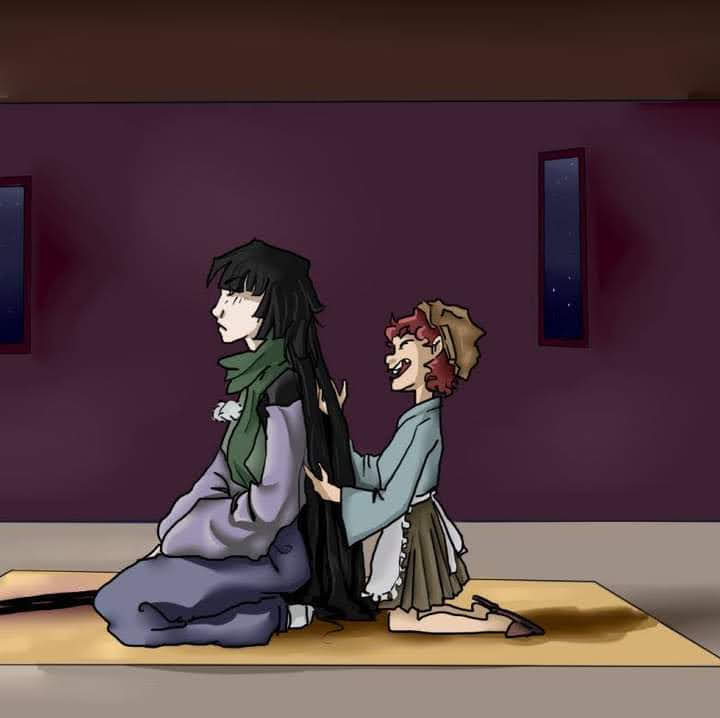 2others ^_^ adagumo_no_yaorochi androgynous apron bad_deviantart_id bad_id bad_source black_hair blue_hakama blue_kimono blunt_bangs brown_footwear brown_hakama brown_helmet closed_eyes closed_mouth detached_sleeves expressionless frilled_apron frills from_side full_body green_scarf green_vest hair_down hakama hakama_short_skirt hakama_skirt hands_in_hair hands_on_lap happy helmet indoors japanese_clothes katano_sukune kimono kneeling layered_sleeves len&#039;en light_frown long_hair long_sleeves mat multiple_others night night_sky no_tail open_mouth other_focus pale_skin pom_pom_(clothes) purple_sleeves red_hair scarf seiza short_hair short_kimono sitting skirt sky slippers smile socks star_(sky) starry_sky straight_hair sword teeth upper_teeth_only very_long_hair vest waist_apron weapon white_apron white_socks window wodkanna