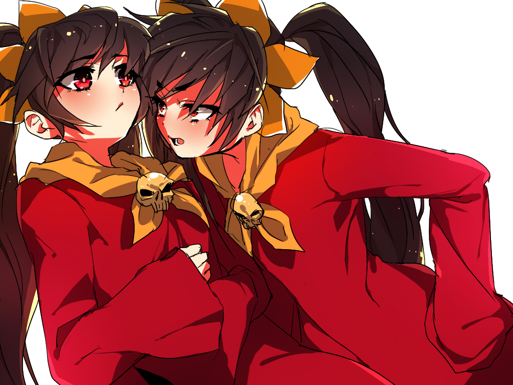 2girls ashley_(warioware) bitaro blush commentary_request dress dual_persona flat_chest hairband hand_on_own_hip long_hair long_sleeves looking_at_another multiple_girls nintendo open_mouth orange_hairband red_dress red_eyes simple_background twintails upper_body warioware white_background witch