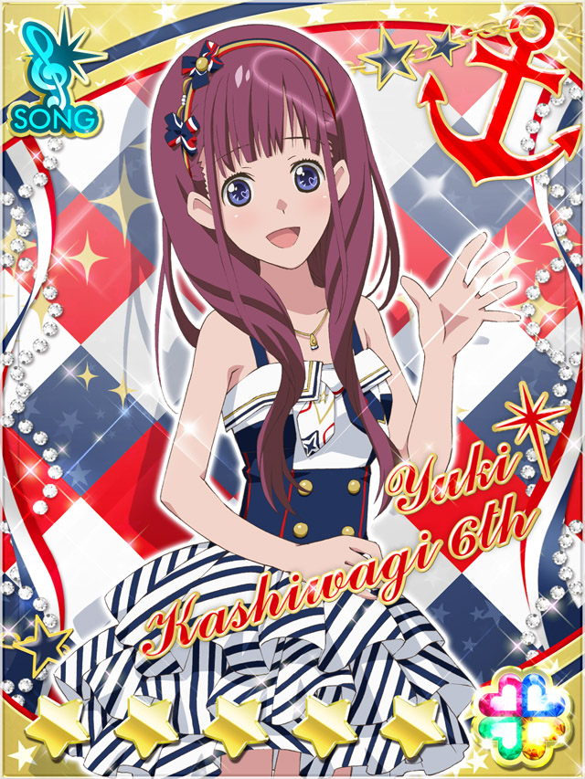 1girl :d akb0048 blue_eyes buttons card_(medium) character_name cowboy_shot double-breasted fanged_bangs hairband heart jewelry kashiwagi_yuki_(akb0048) long_hair looking_at_viewer necklace non-web_source official_art open_mouth purple_hair shirt skirt sleeveless sleeveless_shirt smile solo sparkle standing star_(symbol) waving