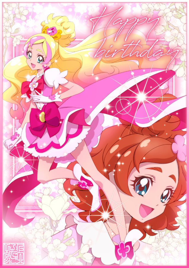 2girls artist_logo blonde_hair boots bow brown_eyes choker cure_flora earrings flower flower_earrings flower_necklace gloves go!_princess_precure green_eyes happy_birthday haruno_haruka jewelry kamikita_futago logo long_hair looking_at_viewer magical_girl multicolored_hair multiple_girls necklace open_mouth pink_bow pink_hair pink_skirt precure puffy_sleeves skirt smile streaked_hair two-tone_hair waist_bow waist_brooch white_gloves