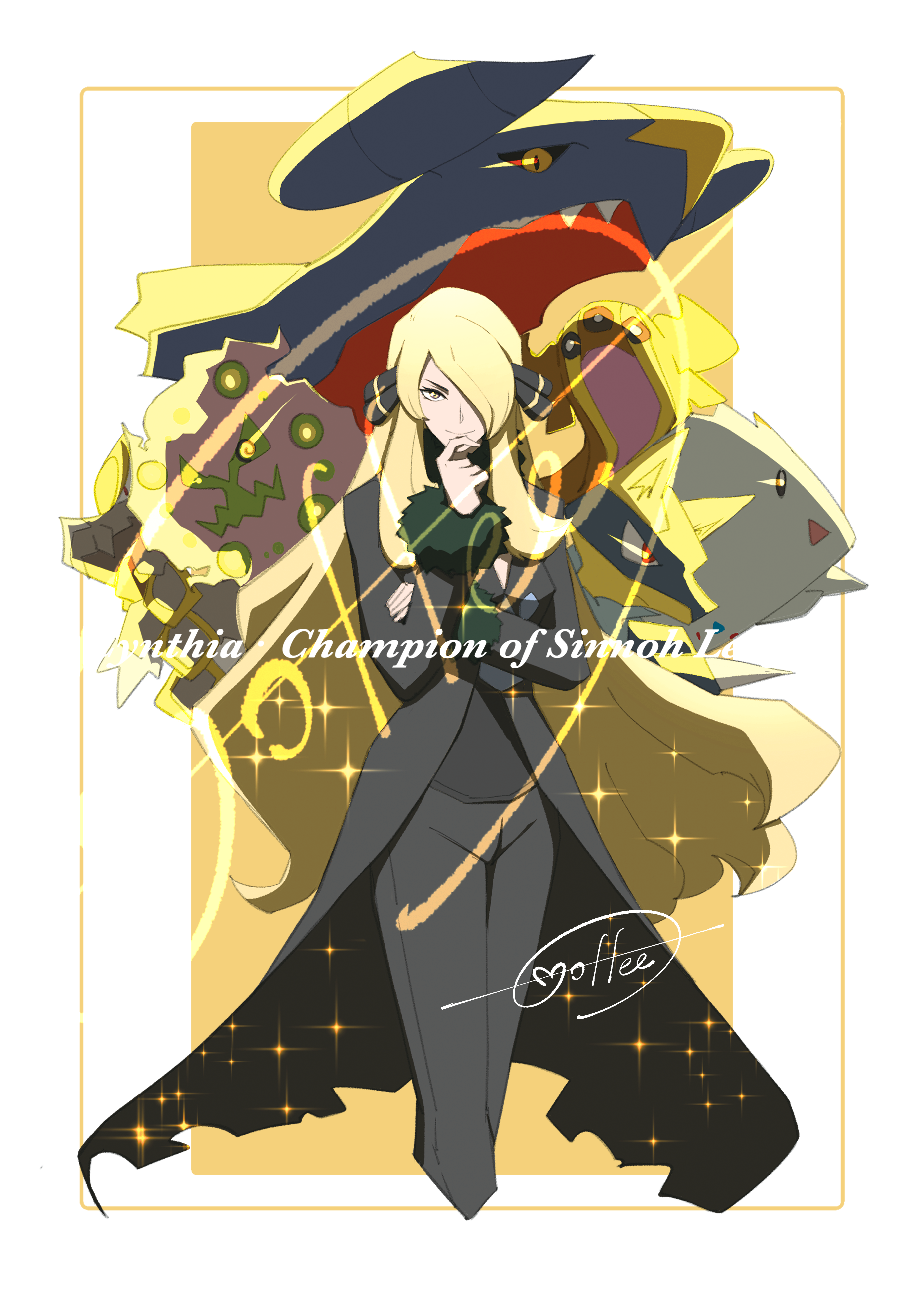 1girl absurdres blonde_hair border cccacademia character_name closed_mouth coat commentary_request cynthia_(pokemon) fur-trimmed_coat fur_trim garchomp gastrodon gastrodon_(west) gen_4_pokemon gen_7_pokemon hair_ornament hair_over_one_eye hand_on_own_chin hand_up highres kommo-o long_hair long_sleeves lucario nintendo pants pokemon pokemon_(creature) pokemon_dppt shirt signature smile sparkle spiritomb stroking_own_chin togekiss white_border yellow_background yellow_eyes