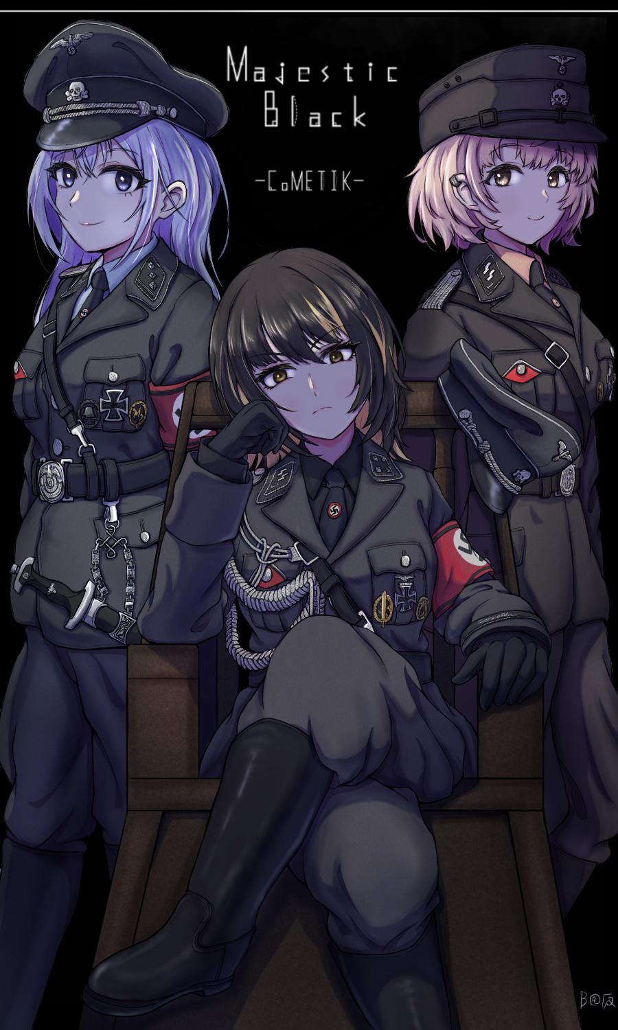 3girls armband bag1945 black_background black_hair blonde_hair blue_eyes blue_hair boots brown_eyes collar_tabs collared_shirt cometik_(idolmaster) commentary_request cross crossed_legs dagger gloves grey_eyes hat head_rest highres idolmaster idolmaster_shiny_colors ikaruga_luca ikuta_haruki iron_cross knife long_hair looking_at_viewer military_uniform multicolored_hair multiple_girls nazi necktie peaked_cap pink_hair reichsadler shirt short_hair siegrunen sitting smile ss_insignia streaked_hair suzuki_hana swastika totenkopf unworn_hat unworn_headwear waffen-ss weapon