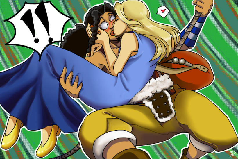 ! 1boy 1girl bare_shoulders black_hair blonde_hair blue_dress blush breasts carrying dress heart high_heels hug kaya_(one_piece) kiss long_hair long_nose one_piece princess_carry rope speech_bubble spoken_heart surprised swing usopp