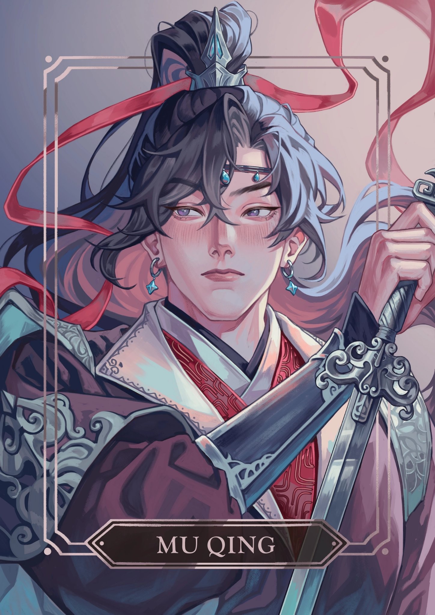 1boy abstract_background black_hair black_hanfu black_robe blue_gemstone border bracer bright_pupils card_(medium) character_name chinese_clothes circlet closed_mouth collared_robe commentary earrings english_commentary frown gem grey_background grey_border grey_eyes hanfu high_ponytail highres holding holding_sword holding_weapon inset_border jewelry layered_sleeves long_hair long_sleeves mu_qing_(tianguan_cifu) ornate_border outside_border ponytail red_ribbon red_robe ribbon robe short_over_long_sleeves short_sleeves solo sparkle_earrings sword tianguan_cifu verbartt very_long_hair weapon white_pupils xiao_guan_(headdress)