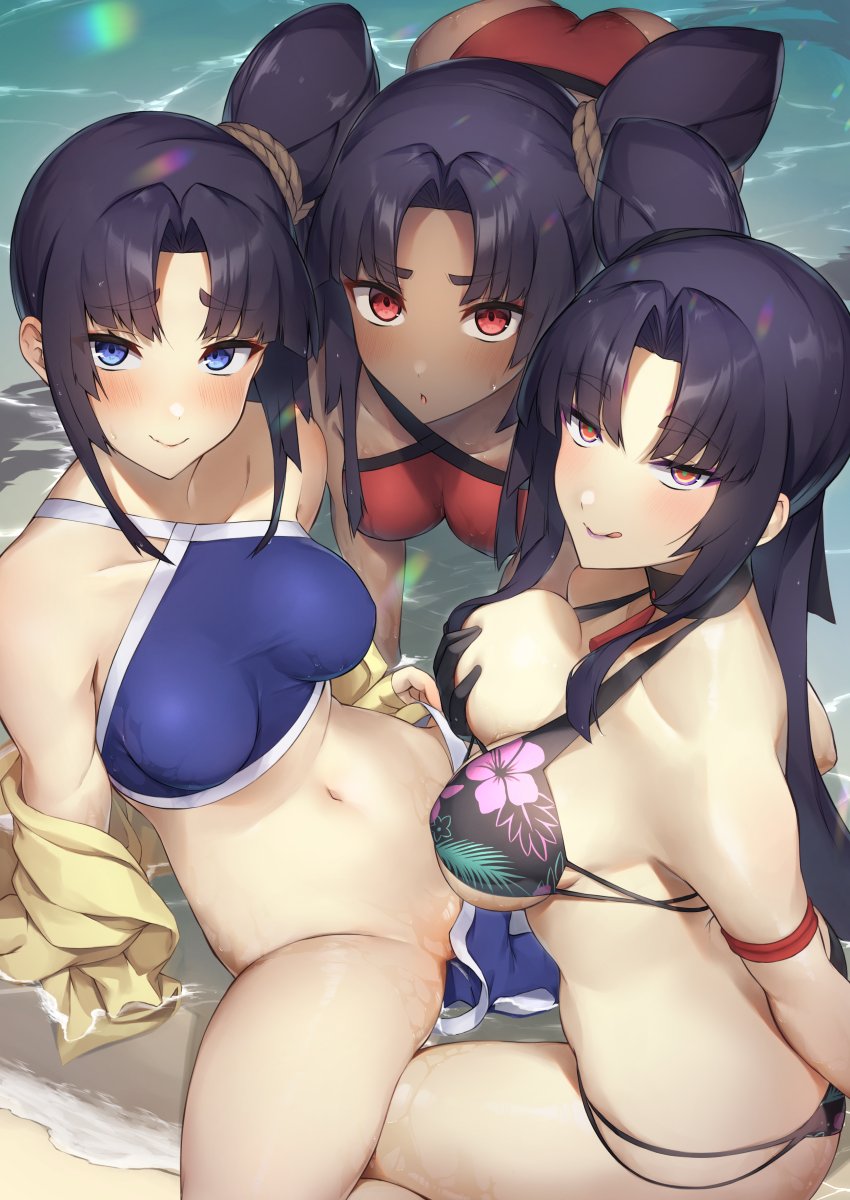3girls ass bare_shoulders beach bikini black_bikini black_hair blue_bikini blue_eyes blush breasts cleavage collarbone dark-skinned_female dark_skin fate/grand_order fate_(series) grabbing_own_breast hair_bun highres jacket large_breasts long_hair long_sleeves looking_at_viewer medium_breasts multicolored_eyes multiple_girls multiple_persona navel orange_eyes parted_bangs pinta_(ayashii_bochi) purple_eyes purple_lips red_bikini red_eyes shore side_ponytail sidelocks single_side_bun smile spread_legs swimsuit taira_no_kagekiyo_(fate) taira_no_kagekiyo_(pinky_beach)_(fate) thighs untied_bikini ushiwakamaru_(corrupted)_(fate) ushiwakamaru_(fate) ushiwakamaru_(swimsuit_assassin)_(fate) ushiwakamaru_(swimsuit_assassin)_(first_ascension)_(fate) very_long_hair yellow_jacket