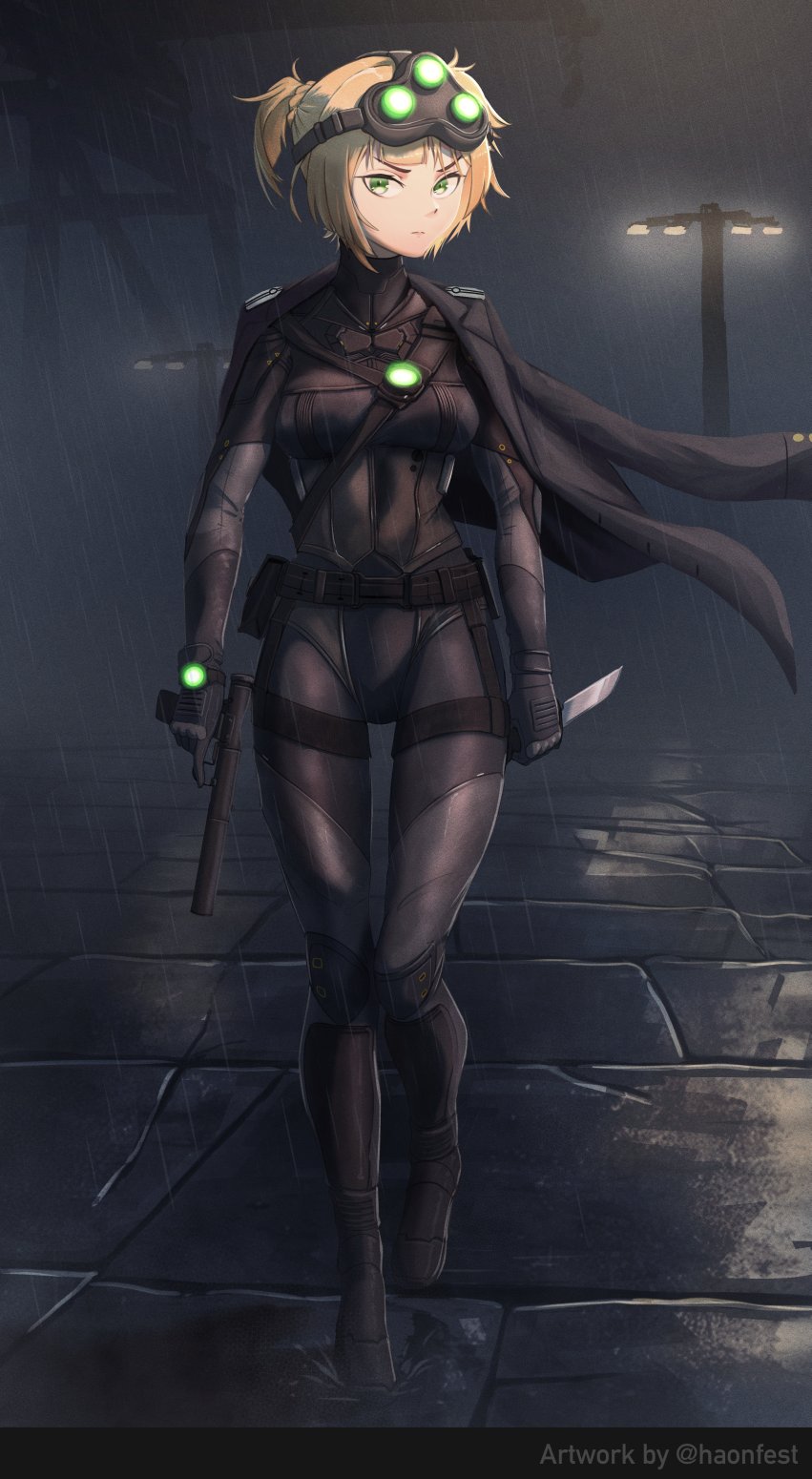 artist_name blonde_hair bodysuit bolt_action combat_knife cosplay crossover dual_wielding english_text girls&#039;_frontline gun handgun haonfest highres holding holding_gun holding_weapon integral_suppressor integrally-suppressed_firearm jacket jacket_on_shoulders knife military_operator night night_vision_device sam_fisher skin_tight sneaking_suit splinter_cell suppressor weapon welrod welrod_mk_ii welrod_mkii_(girls&#039;_frontline)