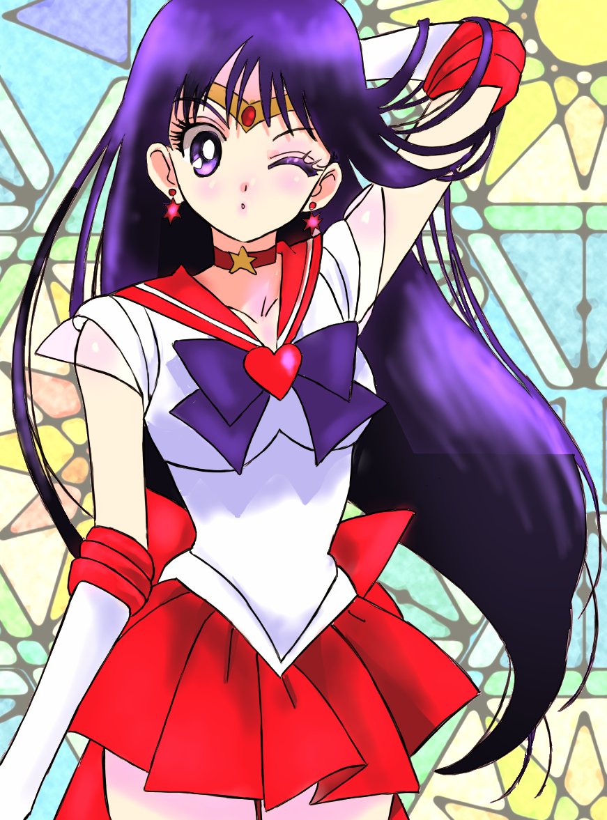 1girl back_bow bishoujo_senshi_sailor_moon black_hair bow circlet elbow_gloves gloves gold_circlet hand_up hino_rei long_hair magical_girl pleated_skirt purple_eyes rabitan1022 red_sailor_collar red_skirt sailor_collar sailor_mars sailor_senshi_uniform skirt solo super_sailor_mars white_gloves